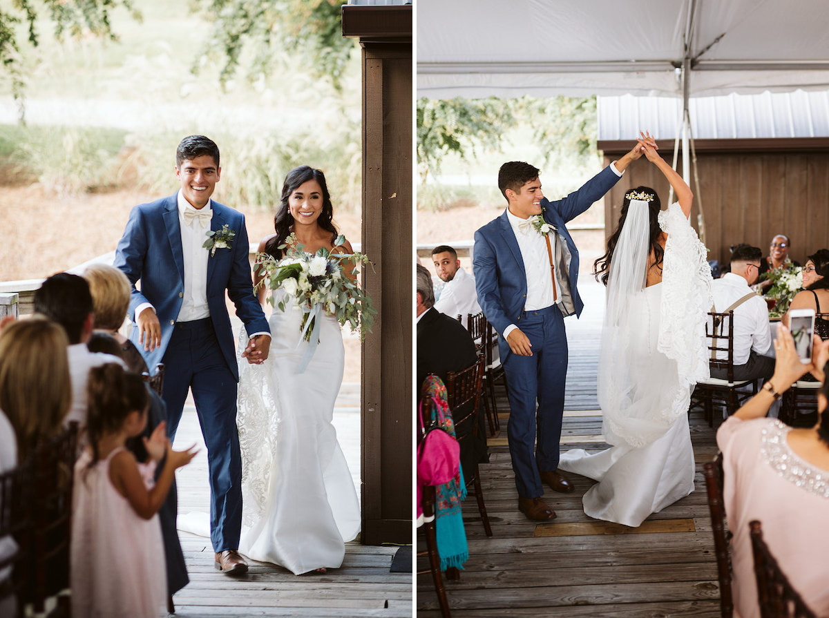 bride and groom hold hands and he twirls her between tables and chairs under large white party tent