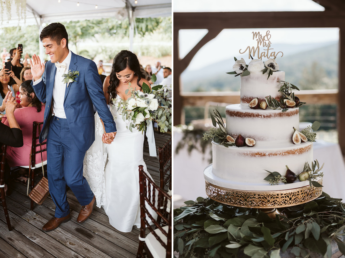 three tier white naked cake decorated with figs and greens sits on a gold stand surrounded by large green leaves