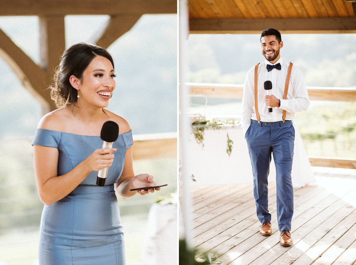 matron of honor and best man give toasts to the bride and groom