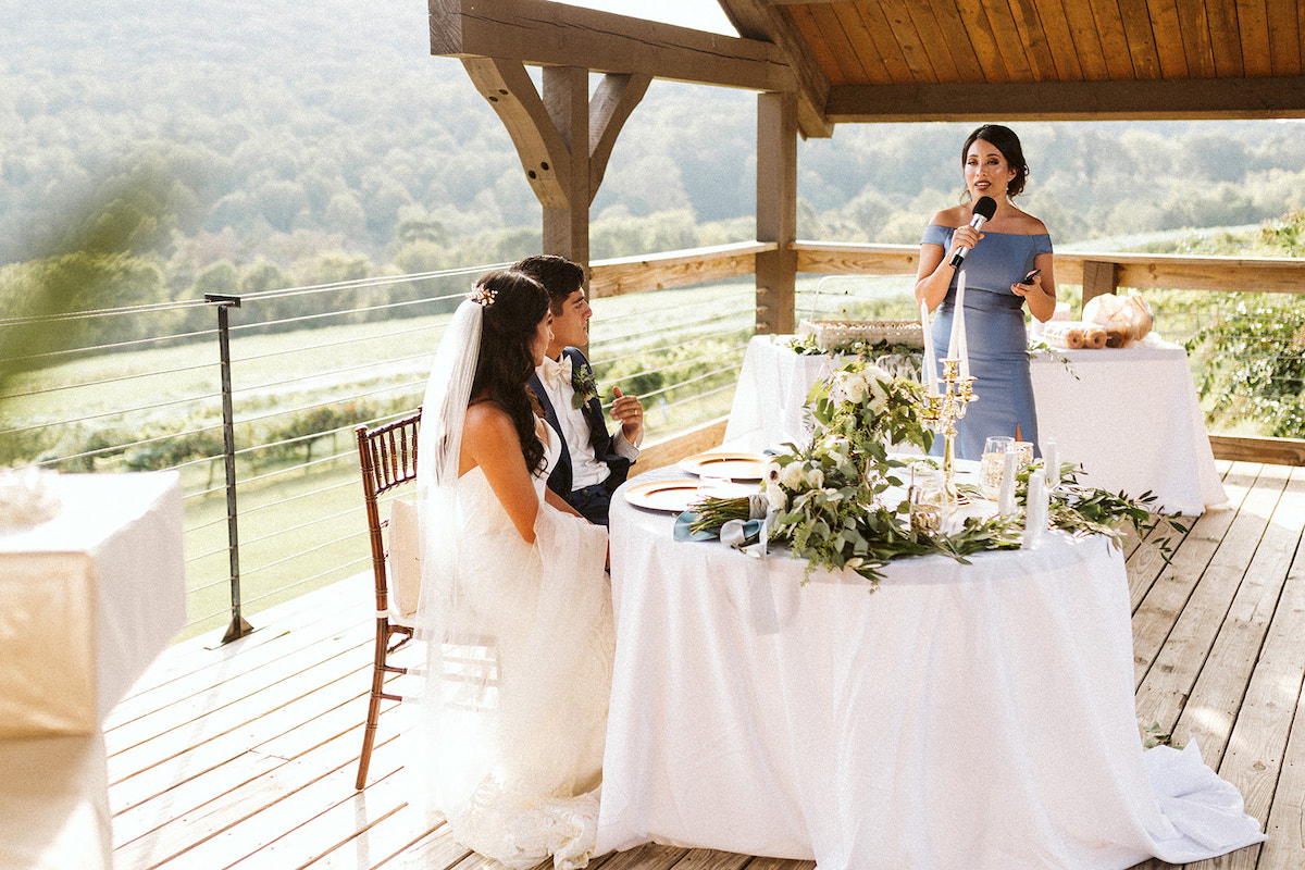 matron of honor gives toast to the bride and groom on the porch of DeBarge Vineyard in Dalton Georgia