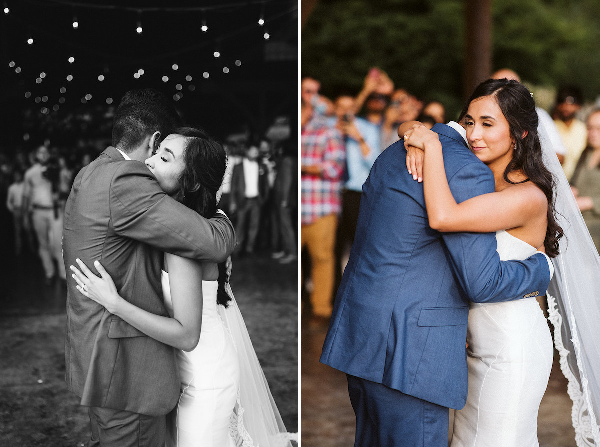 Bride and groom dance with their arms around each other while wedding guests watch