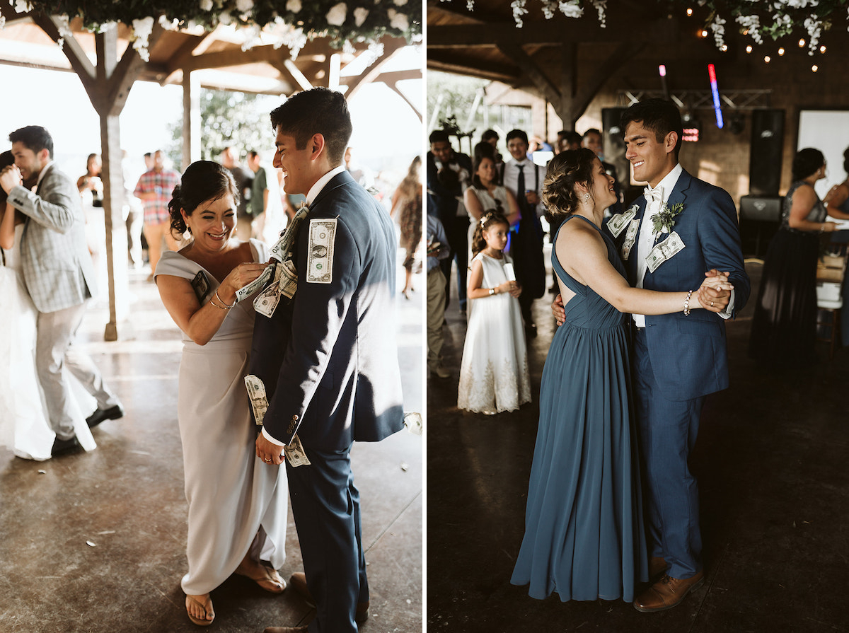 groom dances with bridesmaid during Dollar Dance and has dollars pinned all over his suit jacket