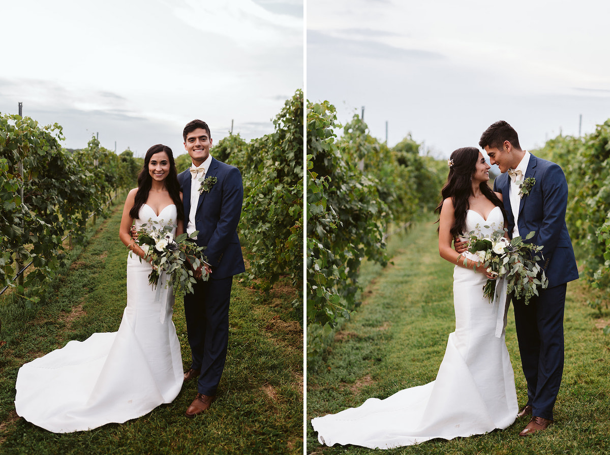 bride and groom gaze at each other and smile from between rows of grape vines at their DeBarge Vineyard wedding reception
