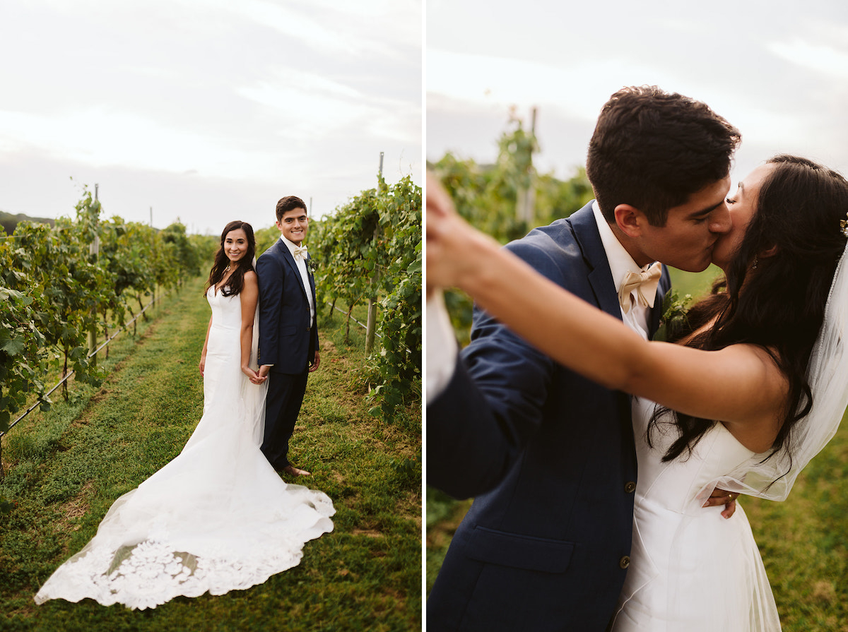 bride and groom hold hands and kiss next to vines of grapes at DeBarge Vineyard in Dalton Georgia