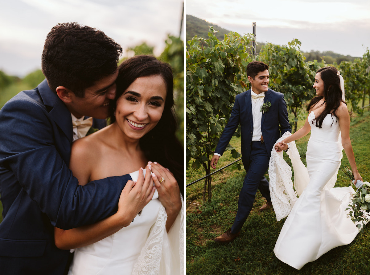 bride and groom cuddle and smile next to a vine of grapes at their DeBarge Vineyard wedding reception