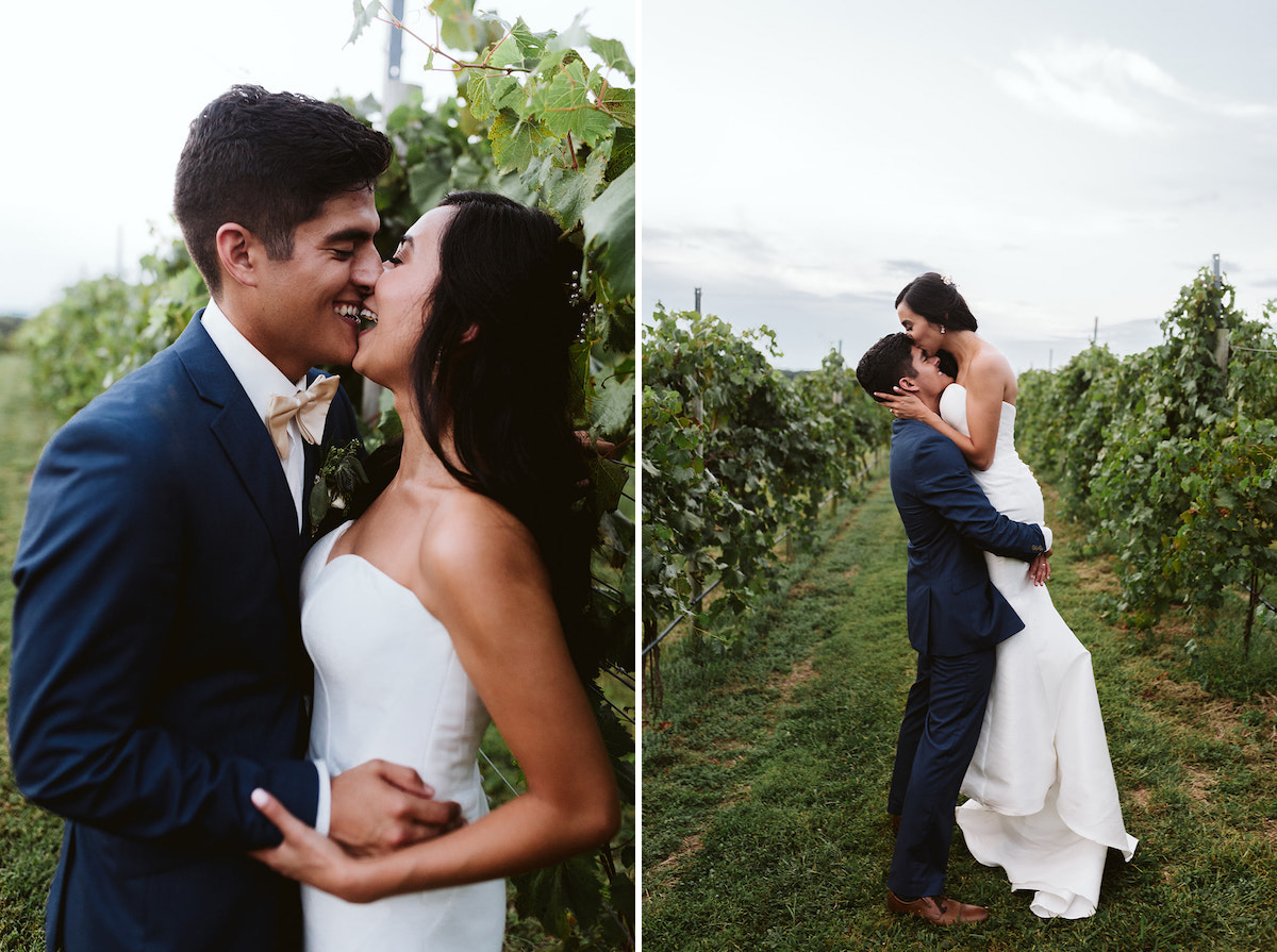 bride and groom cuddle and smile next to a vine of grapes at their DeBarge Vineyard wedding reception