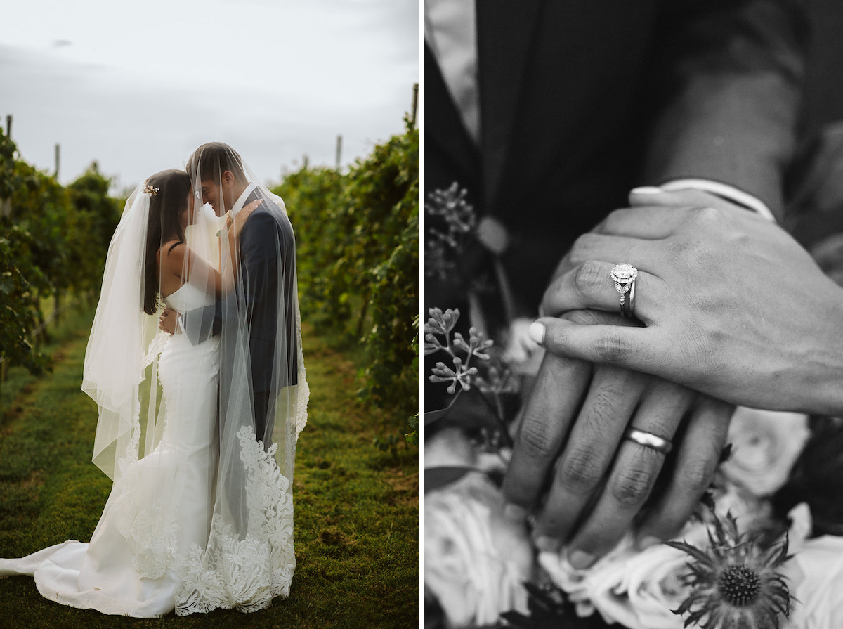 bride and groom covered in her veil between rows of grape vines at DeBarge Vineyard in Dalton Georgia