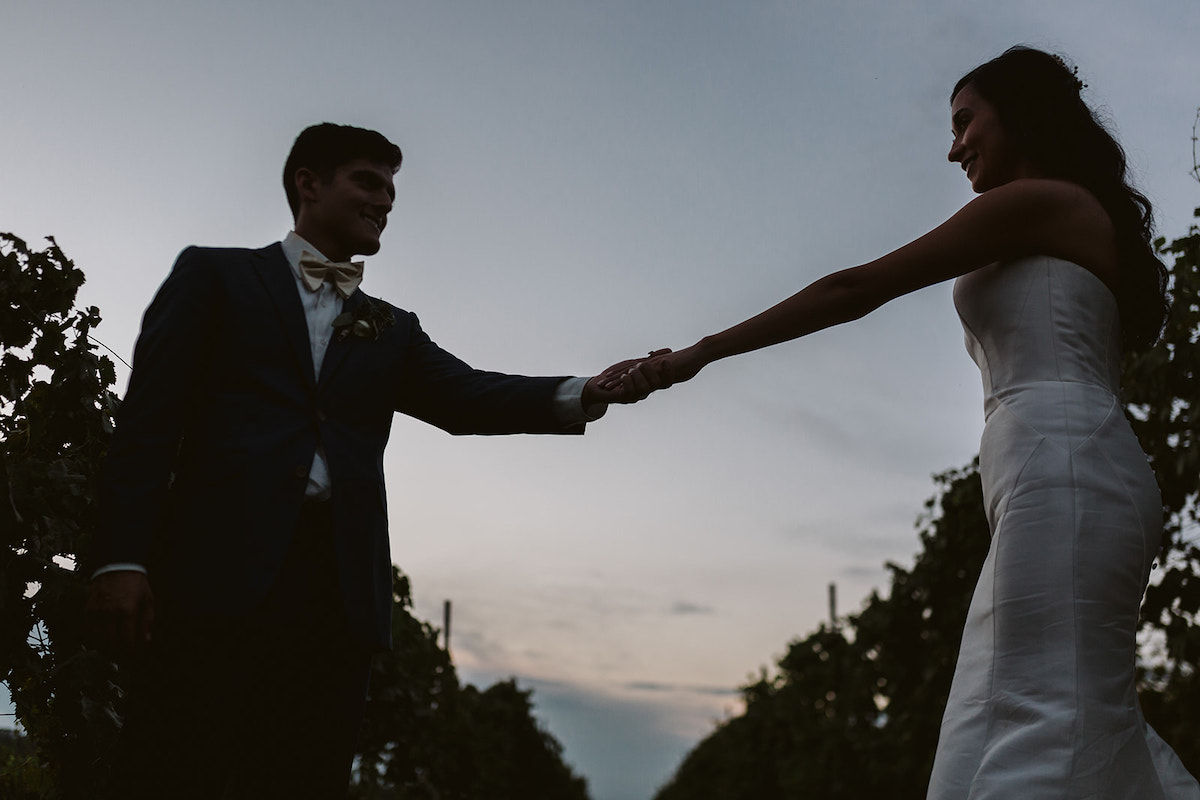 bride and groom hold hands between rows of grape vines at their vineyard wedding reception