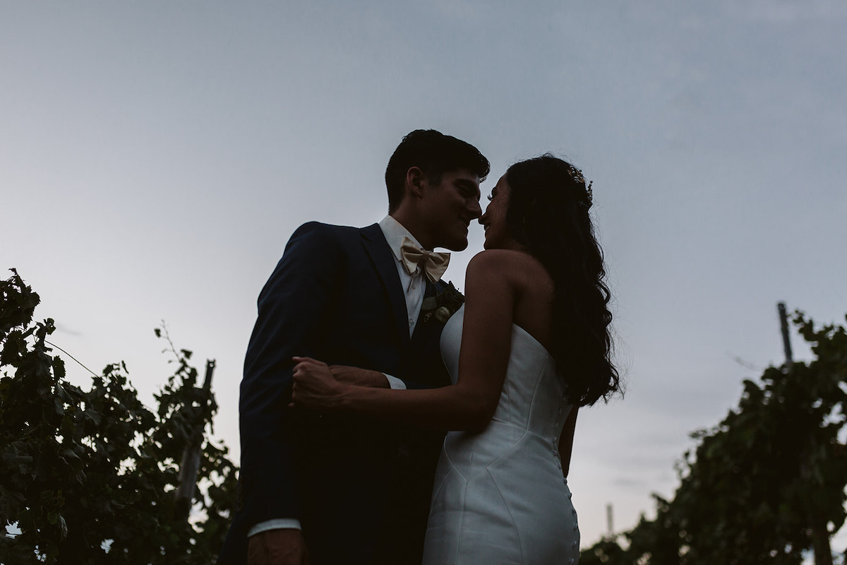 bride and groom hold hands and snuggle close to each other between rows of grape vines at their vineyard wedding reception