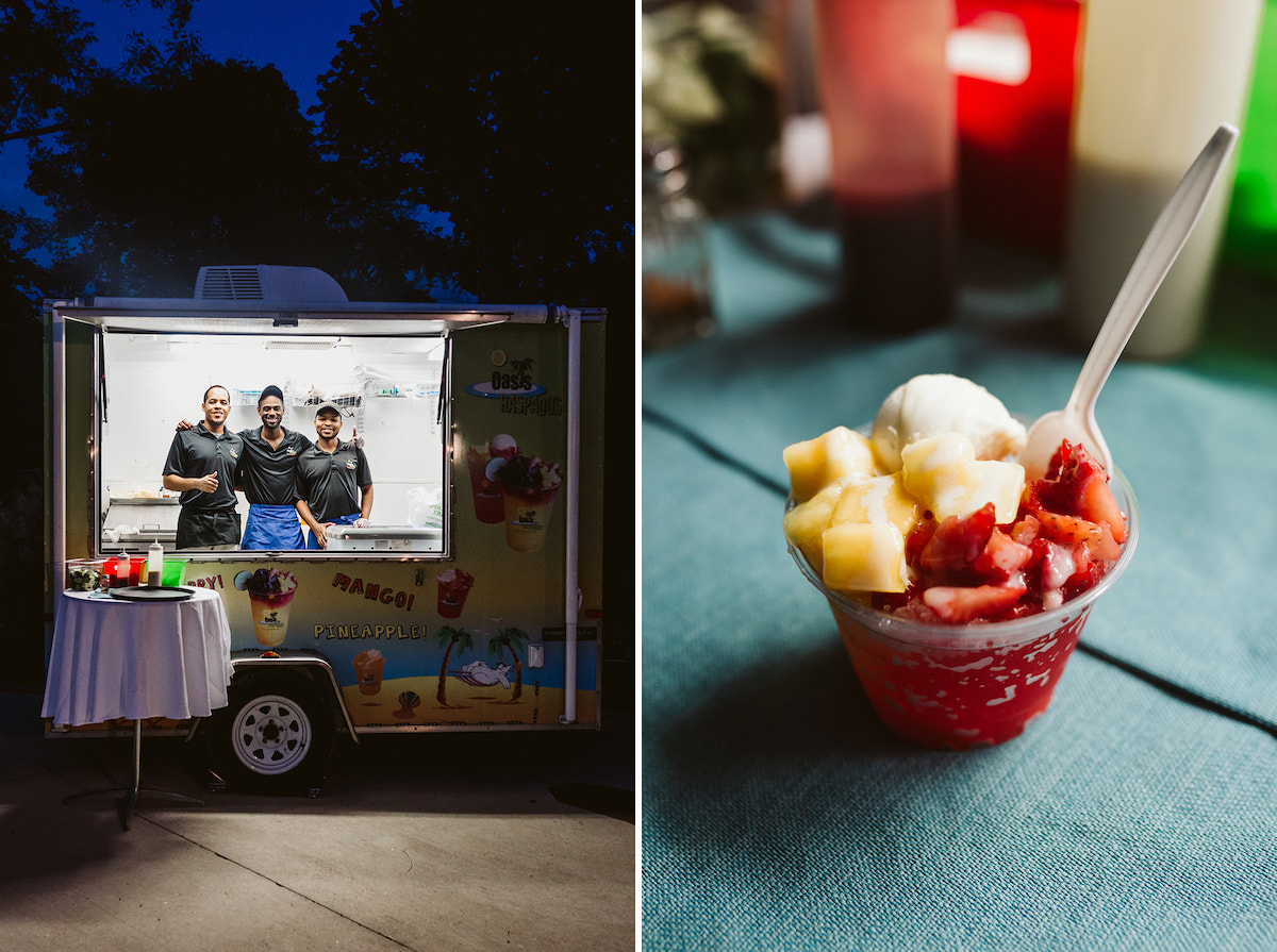 Hawaiian ice trailer serving special treats at vineyard wedding reception in Dalton Georgia