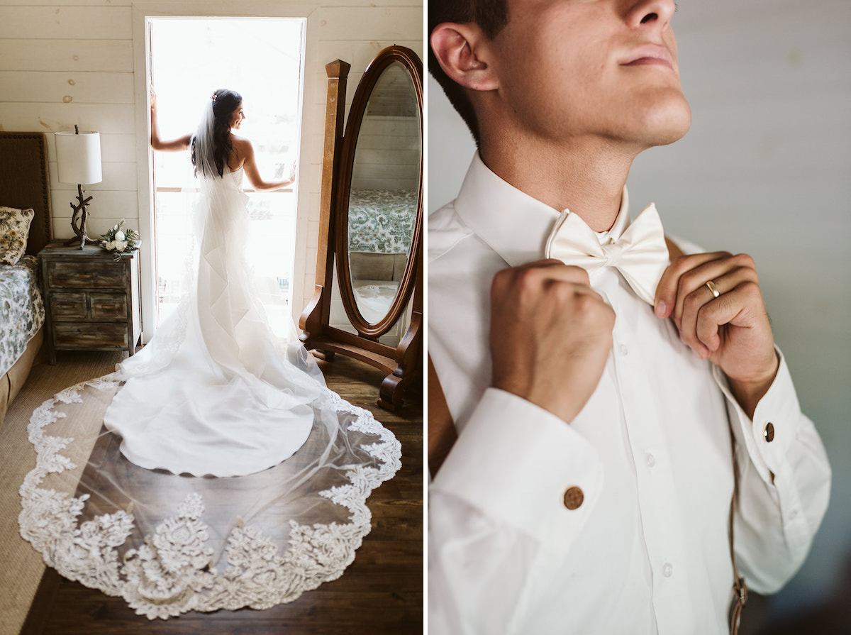 bride stands in open, bright doorway with her long dress train and veil spread behind her