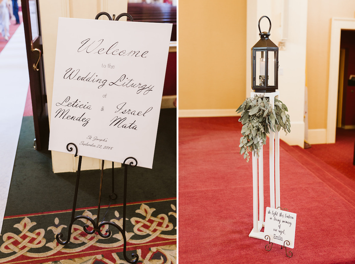 welcome signs and candle in entry of St Josephs Catholic Church in Dalton Georgia