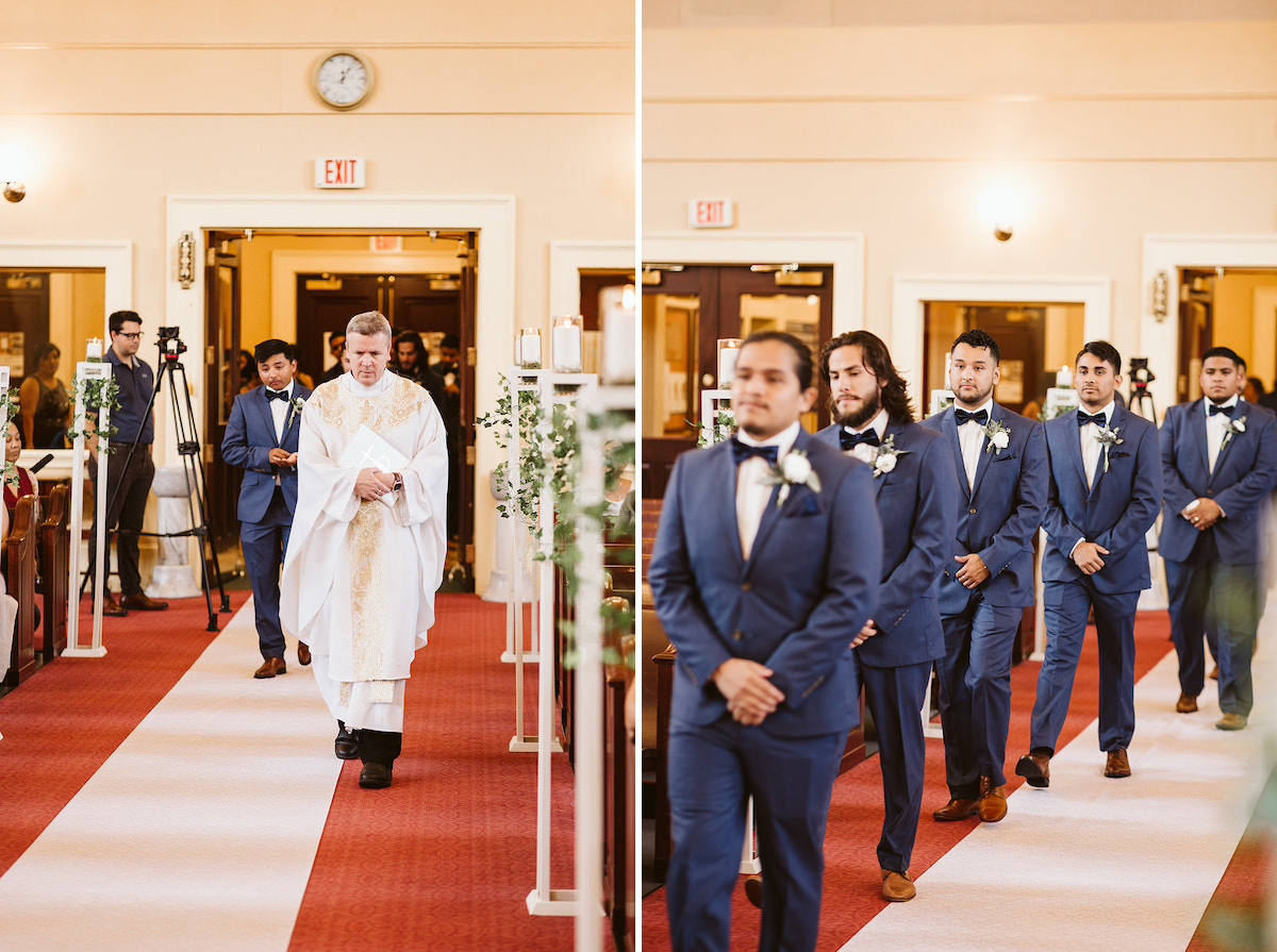 priest and groomsmen walk toward the altar during the processional