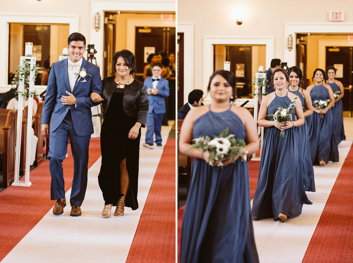groom escorts his mother in the aisle of the church