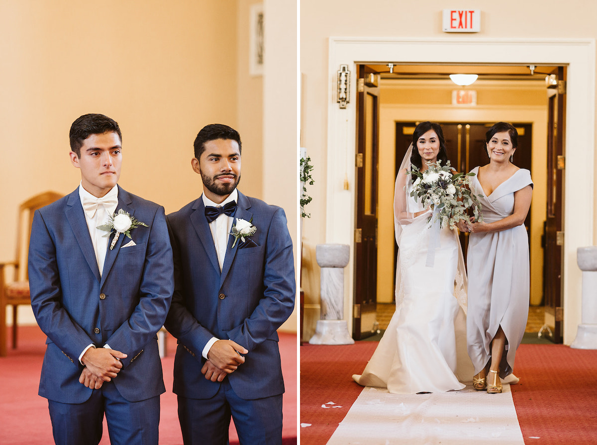 groom and best man watch bride as her mother escorts her to the altar