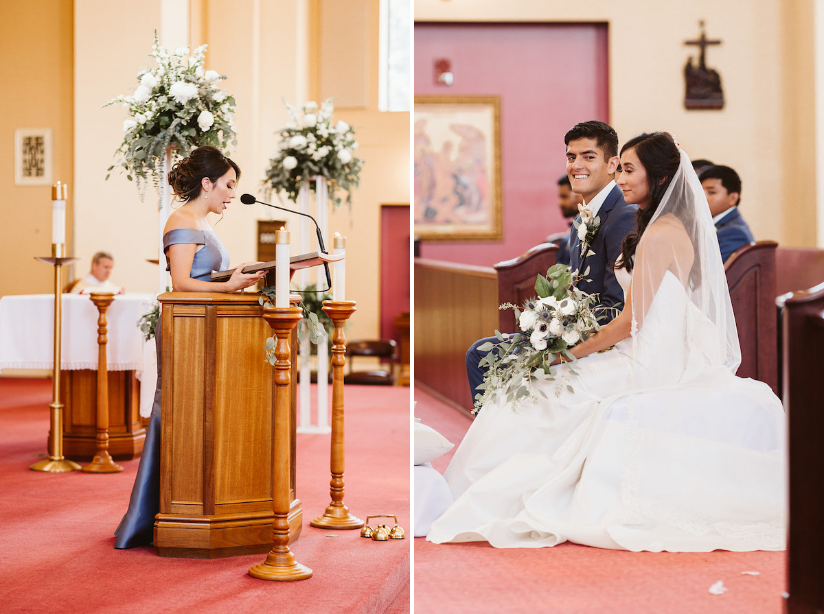maid of honor presents a reading while bride and groom sit and smile at each other