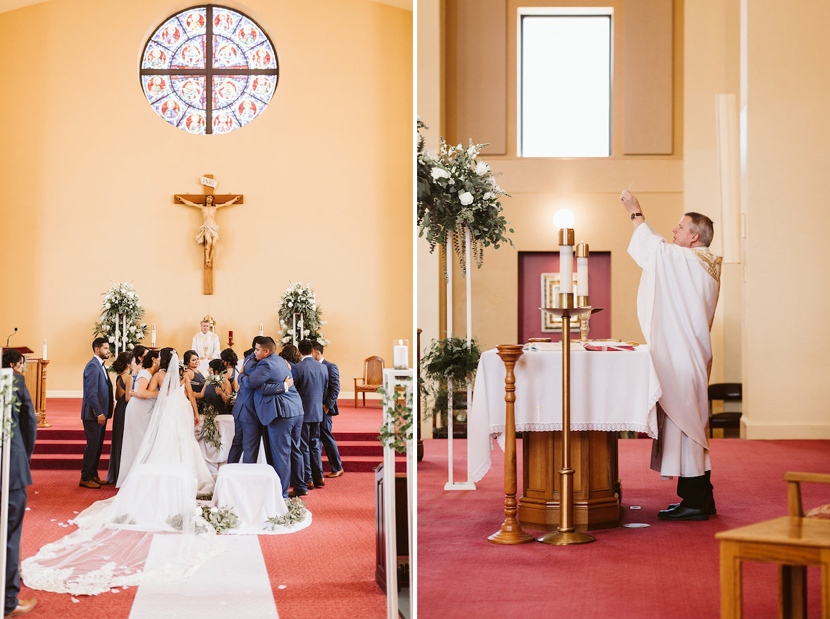 priest raises communion into the air and blesses it