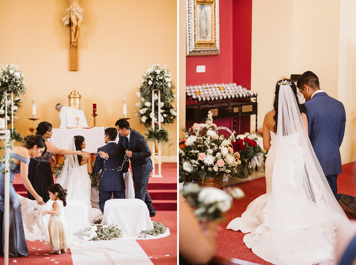 family members remove wedding lasso rosary from bride and groom shoulders