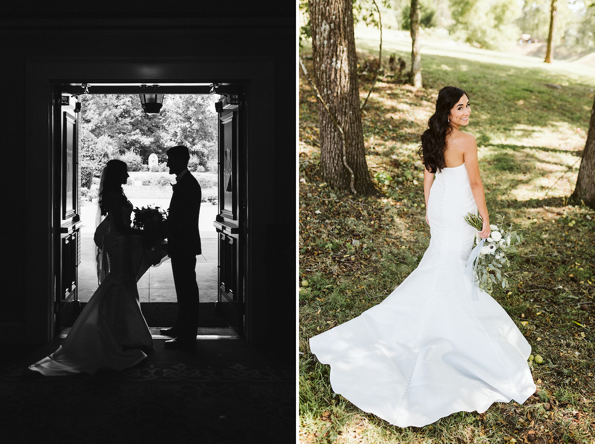 bride and groom stand in a dark room in front of a bright open door