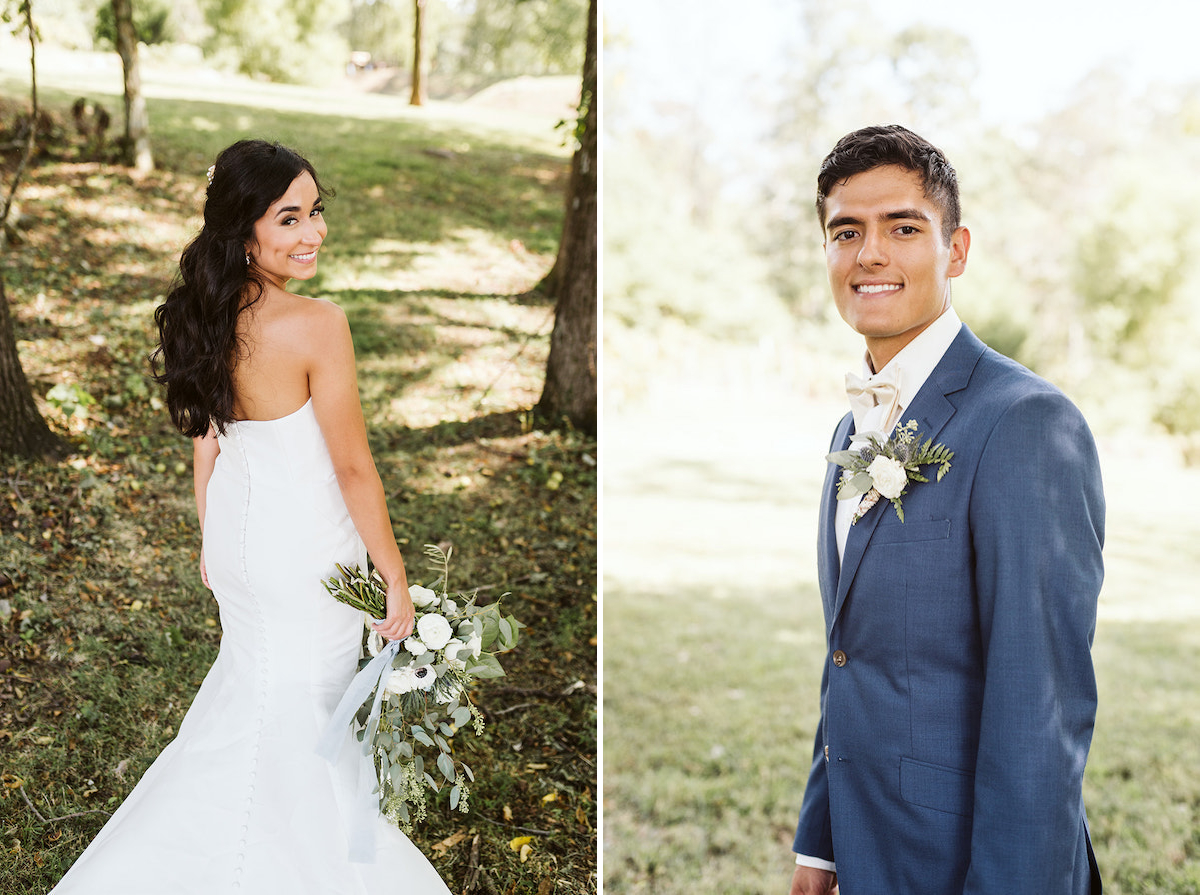 bride and groom pose in the shade for their portraits