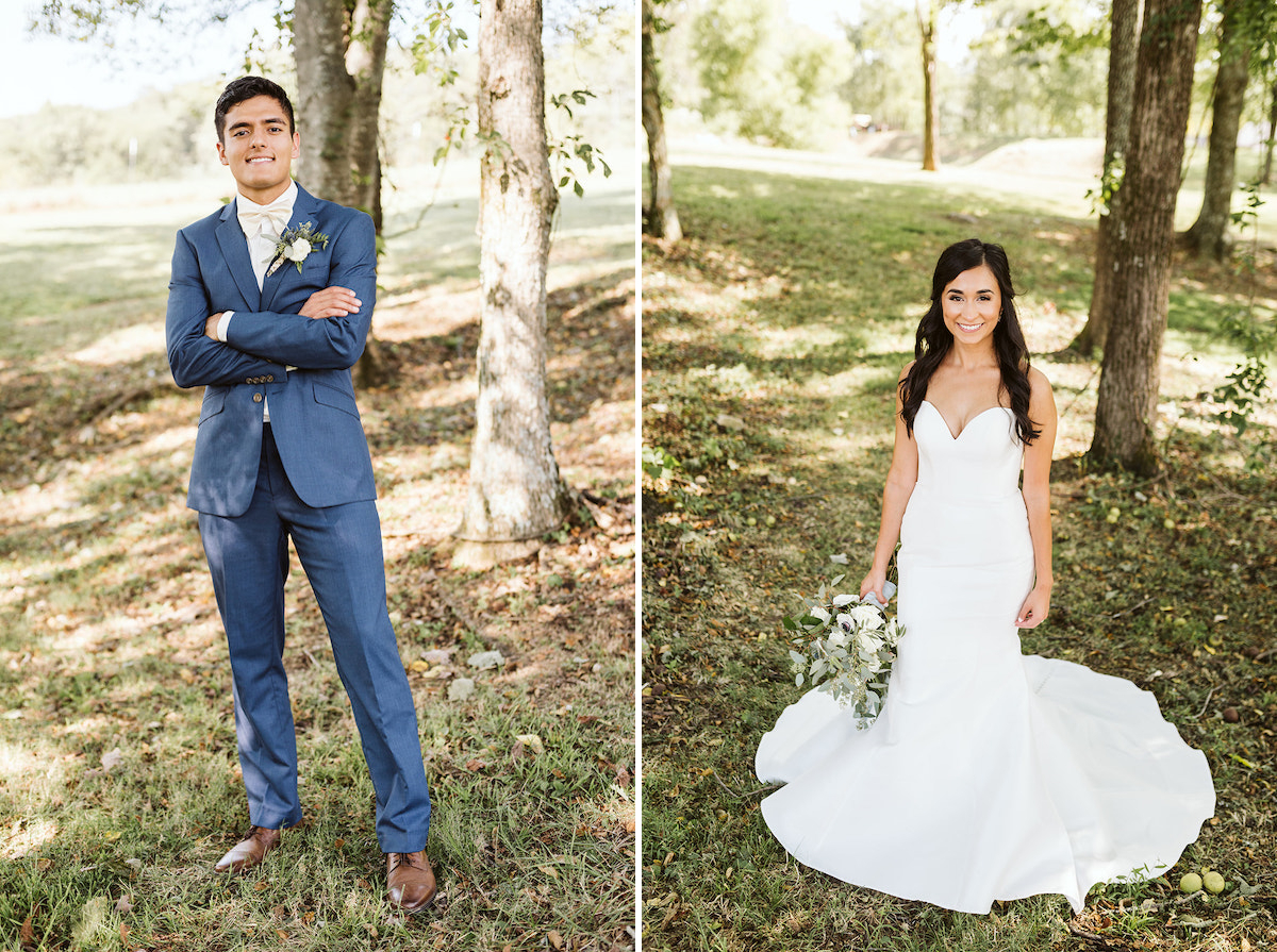 bride and groom pose in the shade for their portraits; his arms are crossed, her dress train pools around her feet