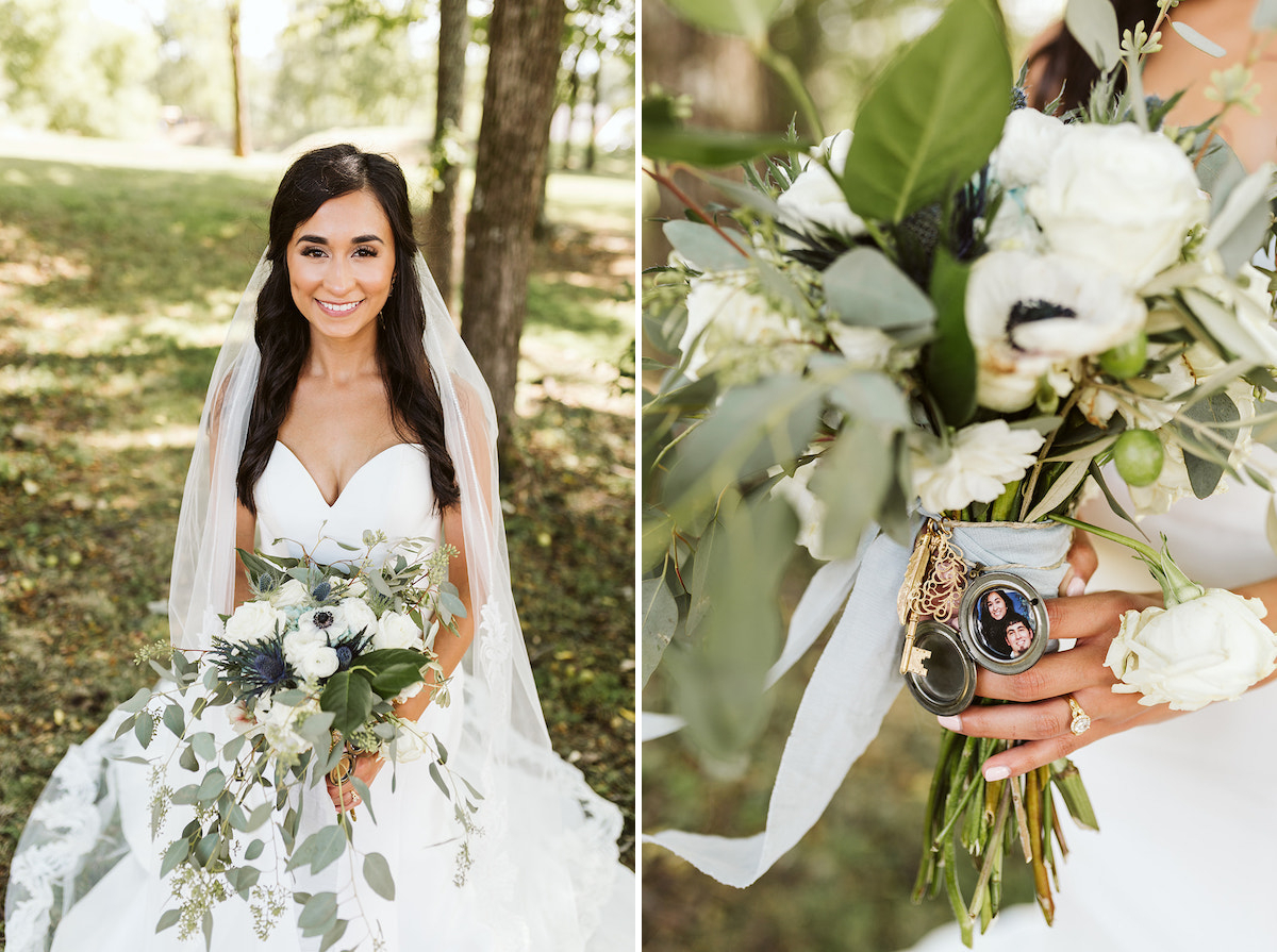 bride holds her bouquet which has a locket attached to the stems