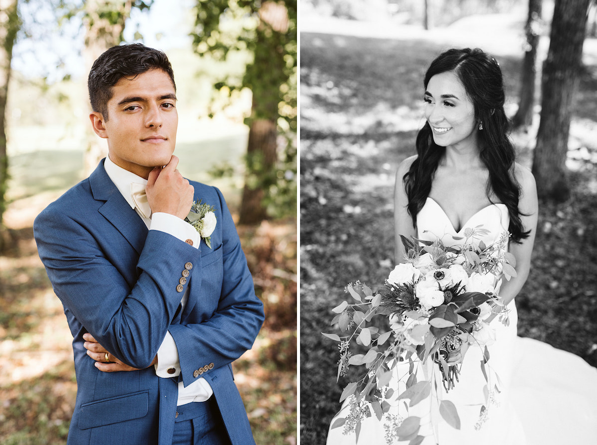 bride and groom pose in the shade for their portraits