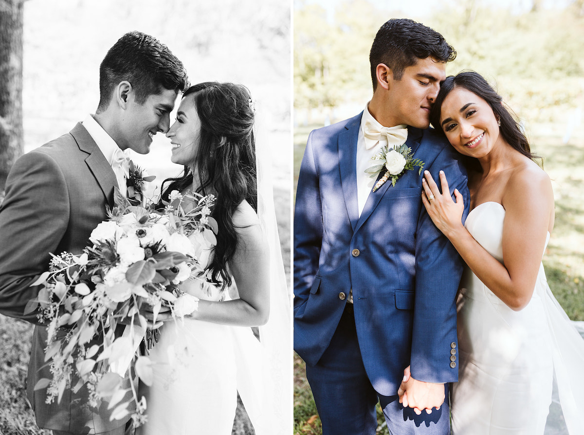 bride and groom face each other smiling. together they hold her large bouquet of white flowers and greenery