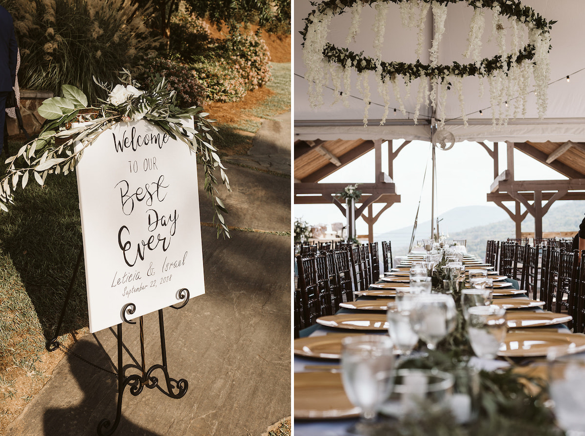 long table set with water goblets and gold chargers under a white tent