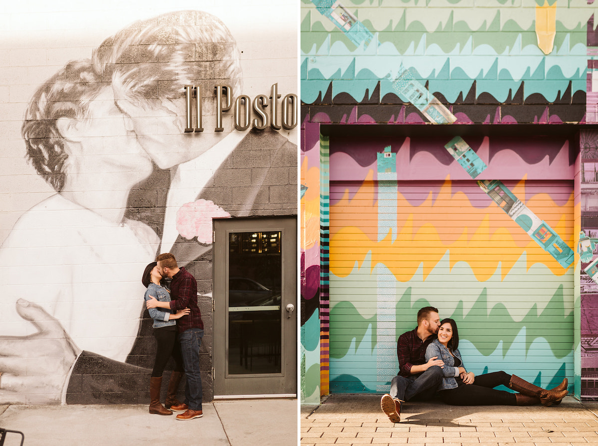 Man and woman pose kissing in front of Denver's Il Posto street art mural of a man and woman kissing