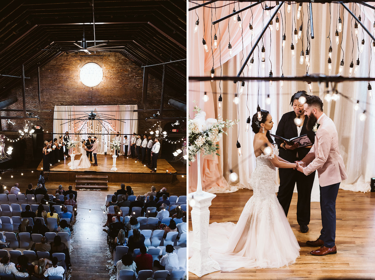 bride and groom hold hands and exchange vows under the open rafters at The Church on Main wedding in Chattanooga, Tennessee