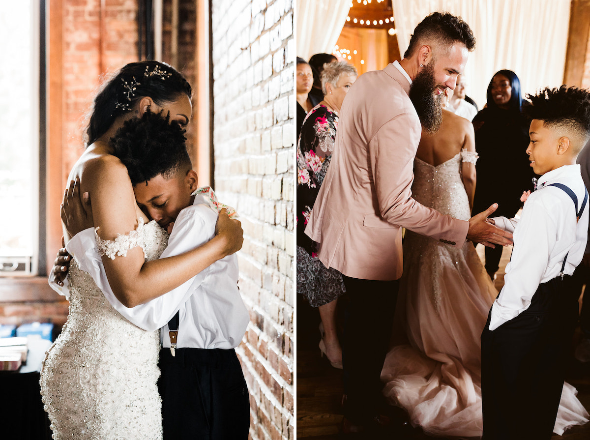 Groom shakes hands with young man while bride greets other guests