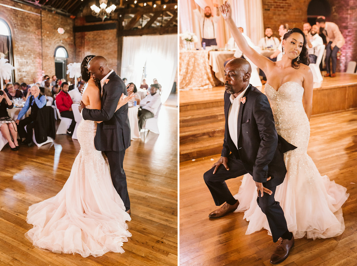 Bride hugs her father as they dance on the bright wood floors during The Church on Main wedding reception