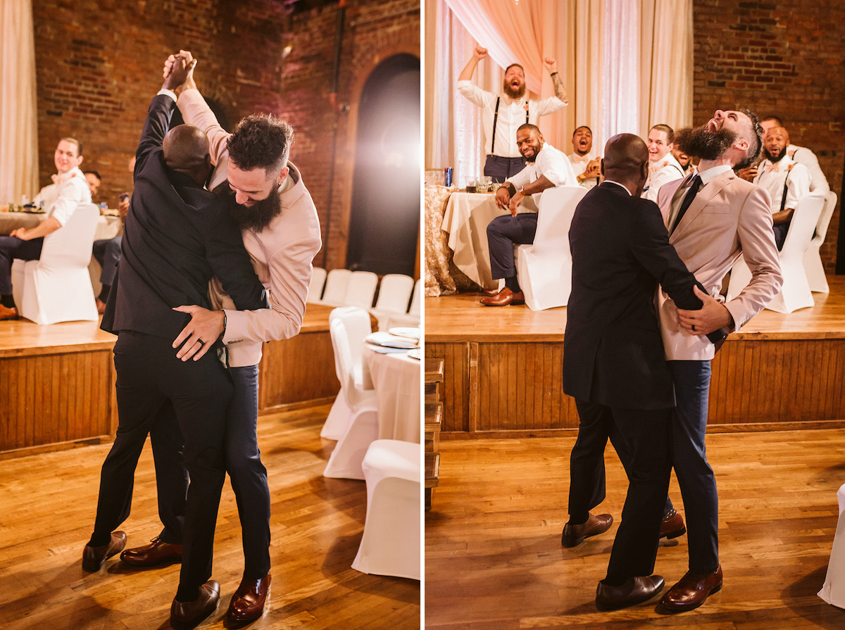 Groom dances with a man and they laugh as they grab for each other's backsides