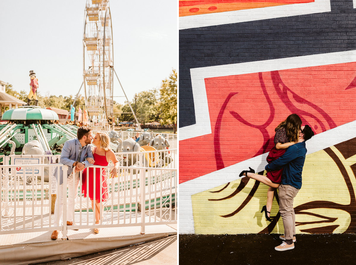 woman wearing red dress and man wearing blue jacket and light pants kiss near ferris wheel and carnival rides