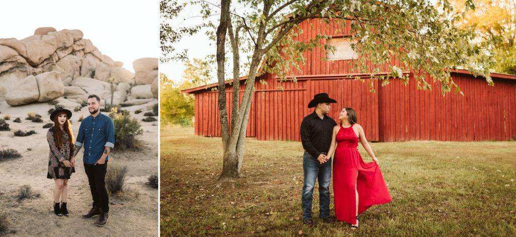 man wearing jeans, black shirt, and black cowboy hat holds hands with woman wearing long red dress in front of large red barn