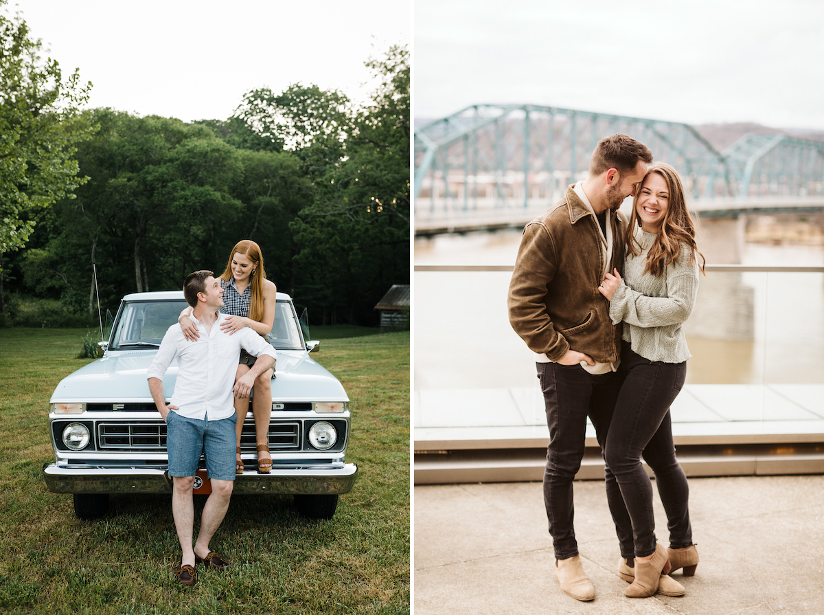 man snuggles his nose in woman's hair during engagement photo session. Chattanooga's Walnut Street walking bridge behind them