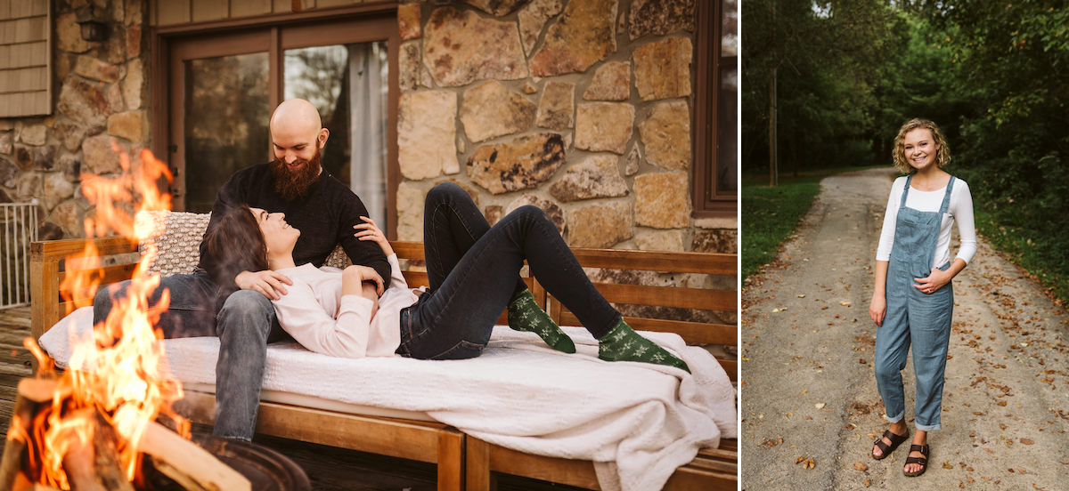 woman lays with her head in man's lap on a bench outside a mountain stone cabin with small fire nearby