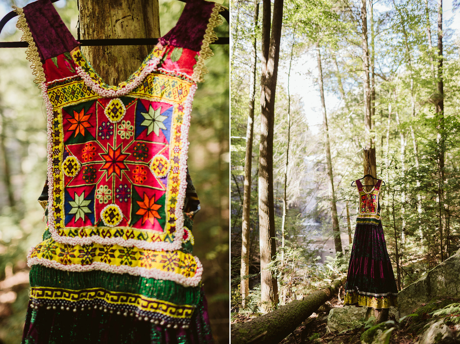 colorful Bohemian gypsy dress hangs on a tree near Foster Falls Chattanooga, Tennessee