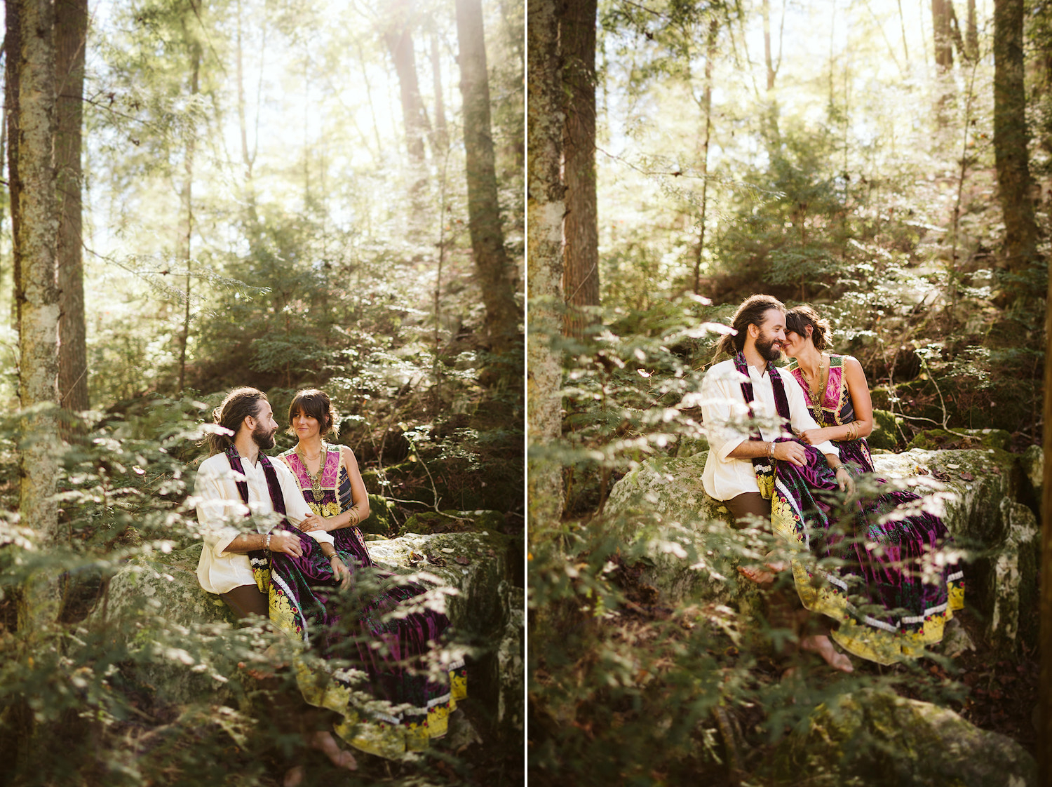 man and woman snuggle on large rocks for their Bohemian wedding photos at Foster Falls in Chattanooga, Tennessee