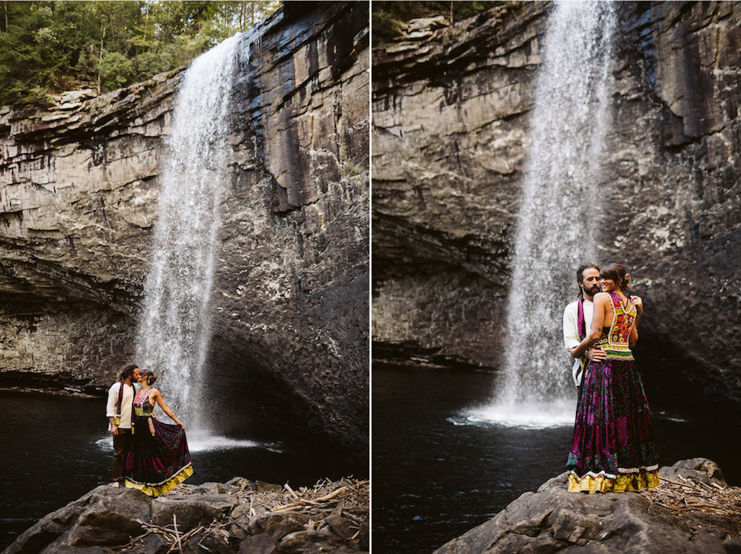 man and woman dressed in Bohemian style dress dance on rocks at Chattanooga's Foster Falls for wedding portraits