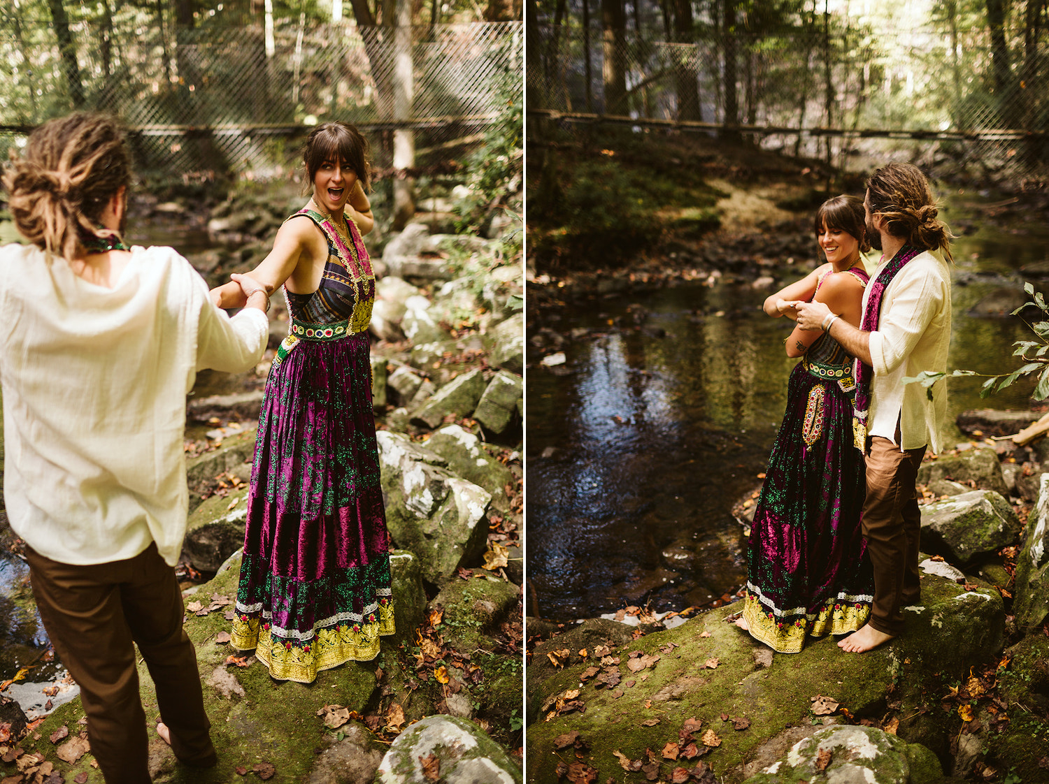 man and woman in colorful Bohemian style dress dance in the woods next to a creek