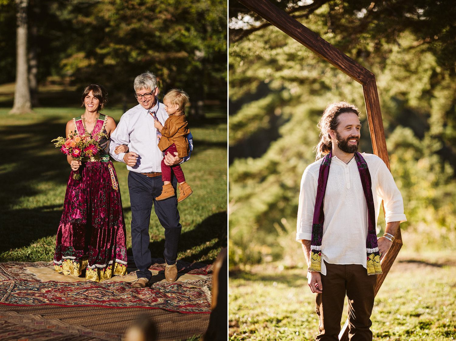 woman in bright gypsy dress walks down the aisle toward man in white boho shirt and scarf