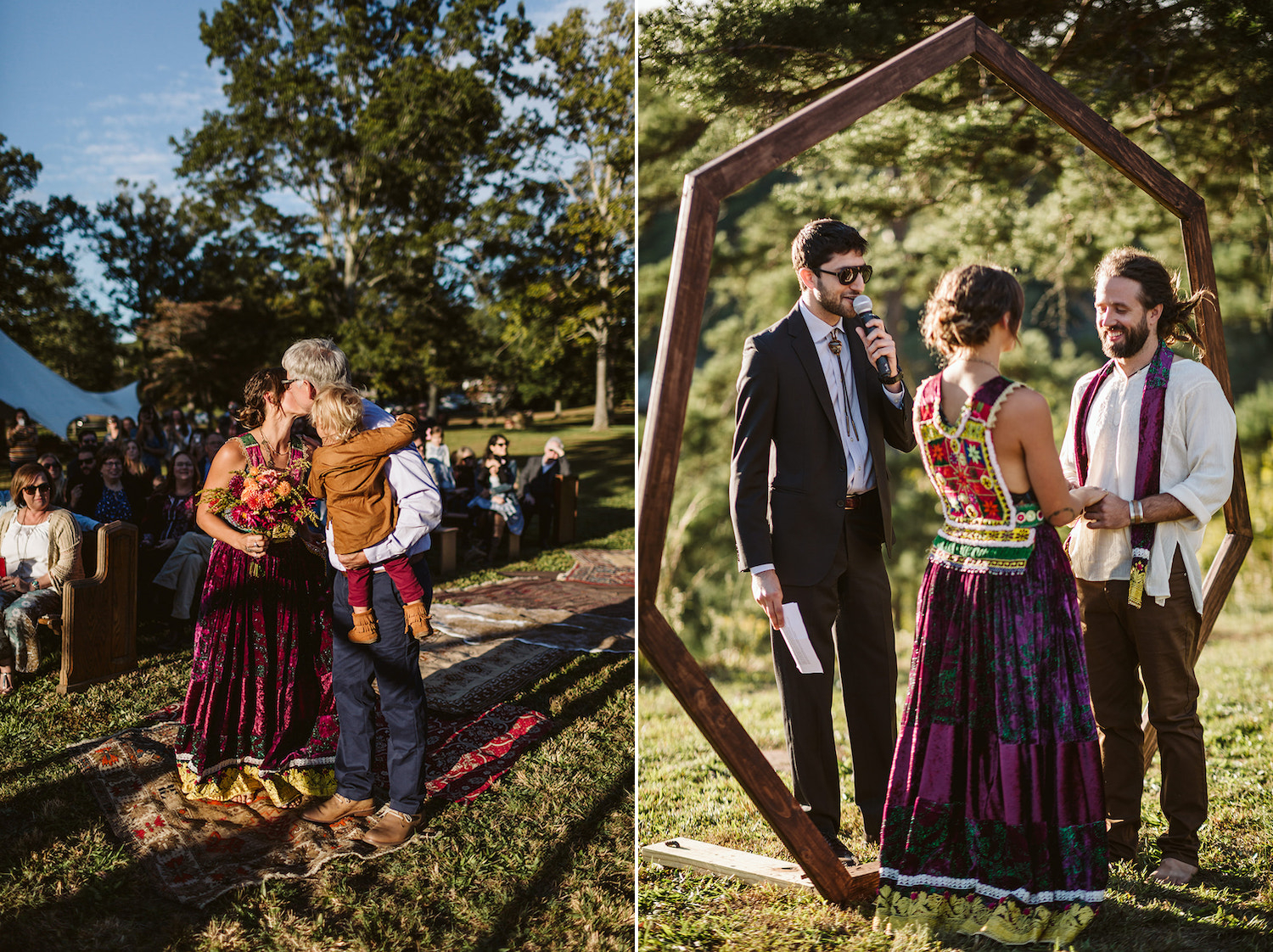 man and woman hold hands under heptagon arch at their Bohemian Festival wedding at Hemlock Falls as officiant speaks