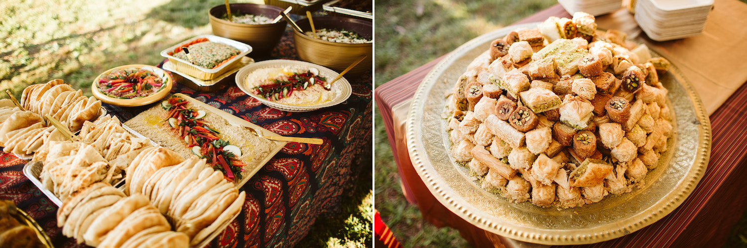 pita bread in platters next to dishes of hummus and other sauces