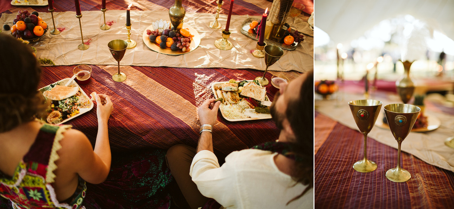 brass goblets stand on brightly colored table cloth