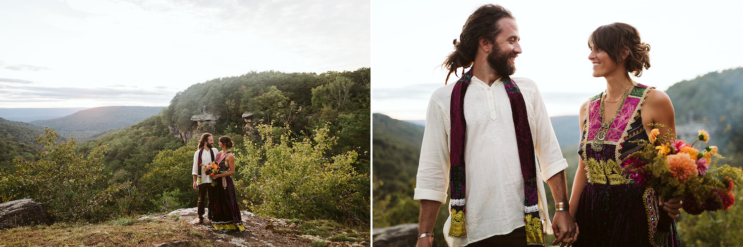 man in white shirt and colorful scarf holds hand with woman in bright dress at overlook at Hemlock Falls near Chattanooga