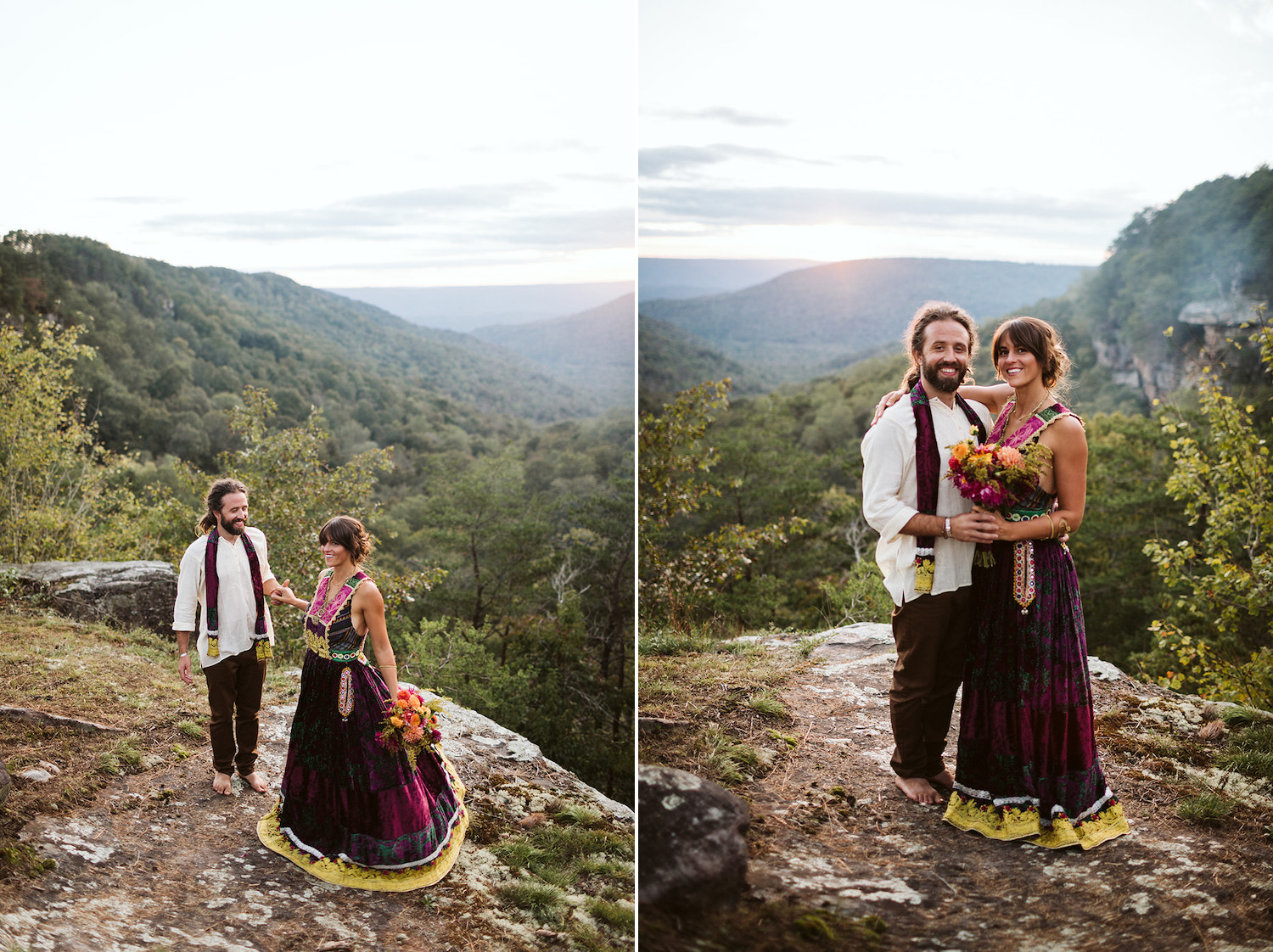 man in white shirt and colorful scarf hugs woman in bright dress at overlook at Hemlock Falls near Chattanooga