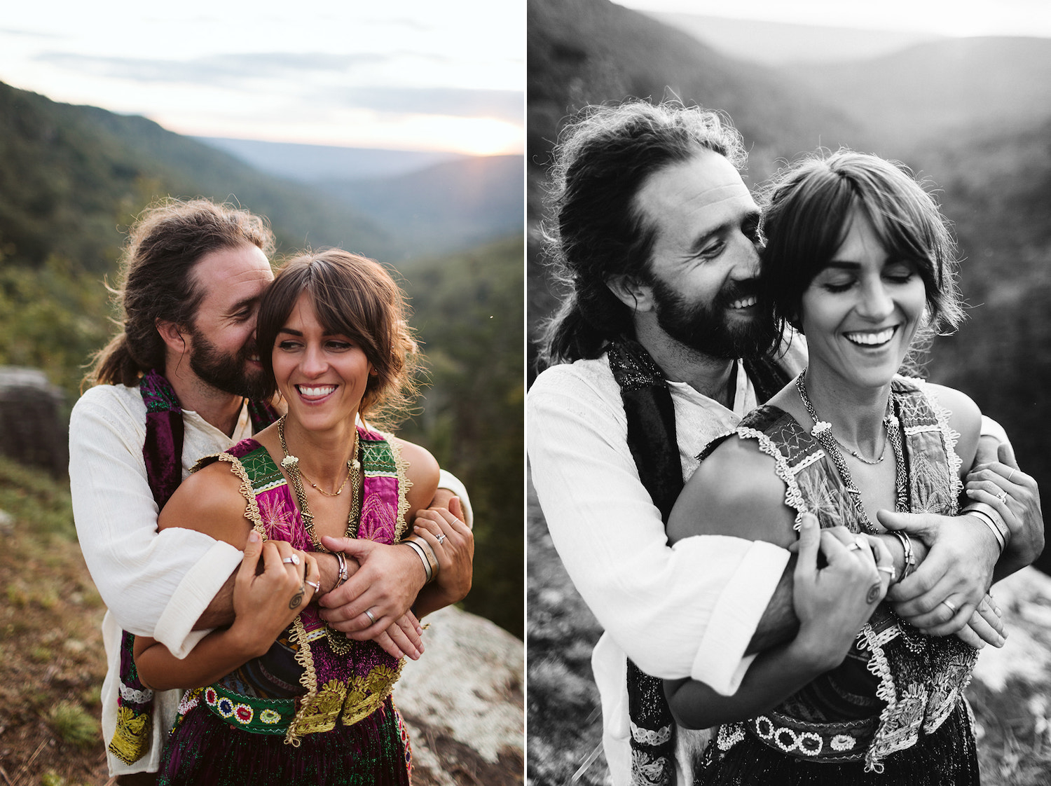 man hugs woman in colorful dress from behind and they smile together