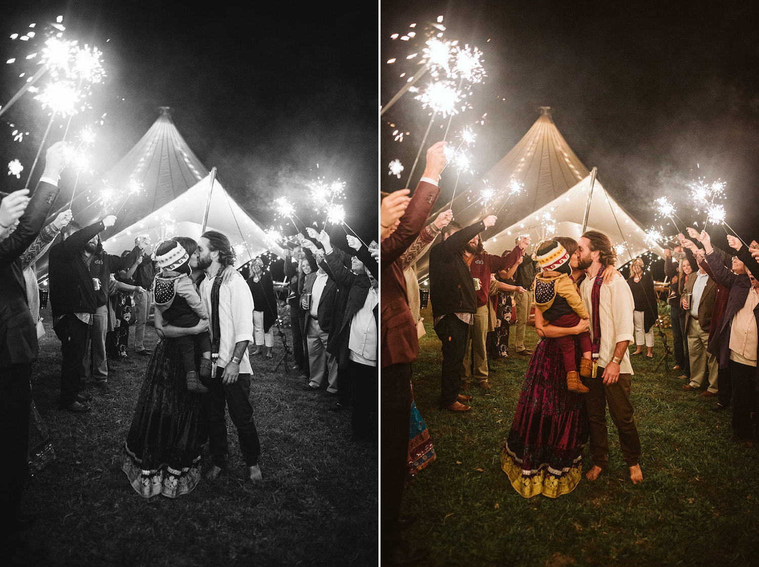 man and woman kiss under sparkler tunnel after their Bohemian festival wedding at Chattanooga's Hemlock Falls